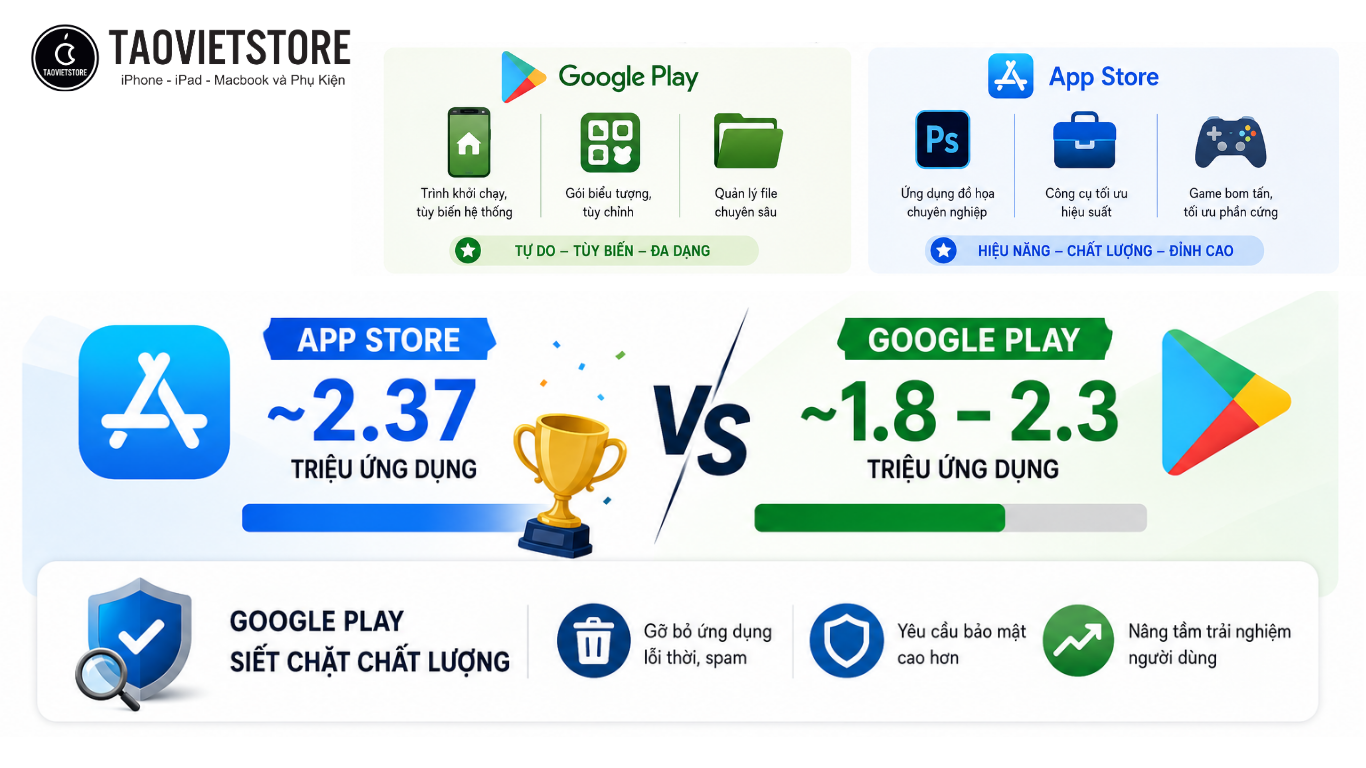 So sánh Google Play và App Store: Đâu là kho ứng dụng tốt nhất 2026? 8 So sánh Google Play và App Store. Đâu là kho ứng dụng tốt nhất 2026